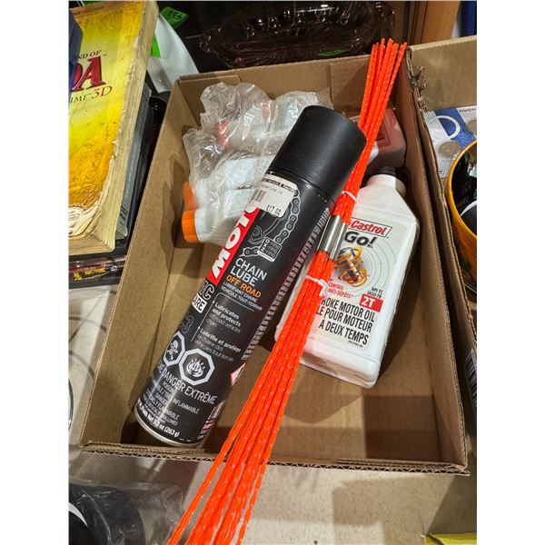 Two-stroke motor oil, chain, lube, etc.