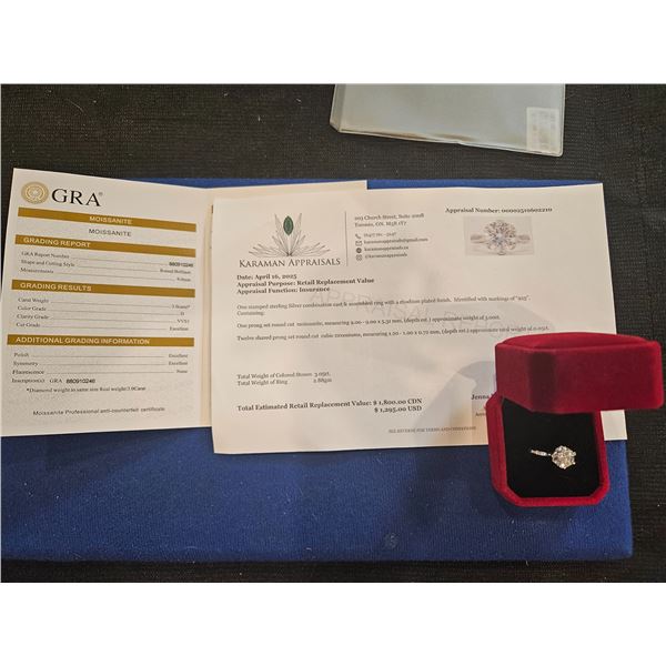 3.00ct GRA Certified Moissanite brilliant cut cubic zirconia set in shanks Size 7 - Retail $1,800.00