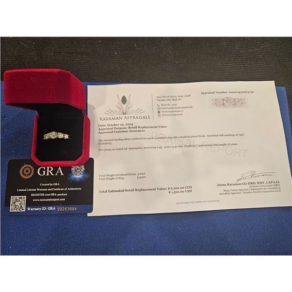 3.60ct GRA Certified moissanite 5 stone ring Size 6 Retail $2,100