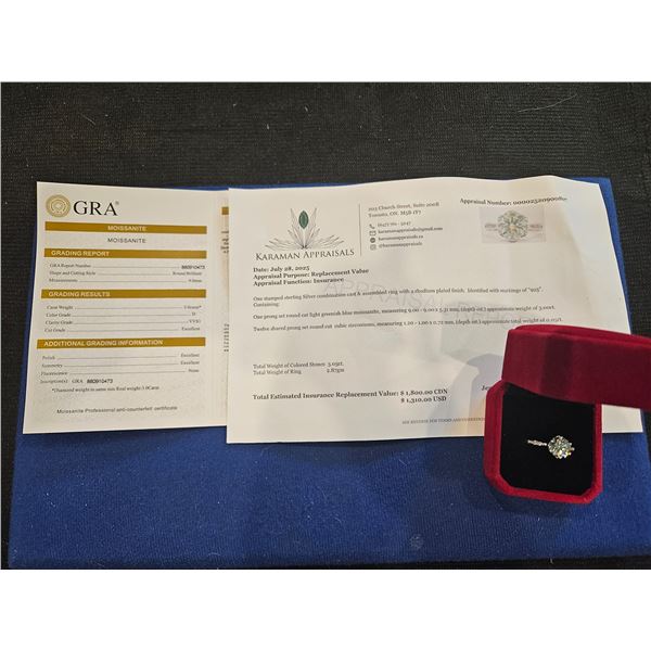 3.00ct GRA Certified moissanite light green blue ring Size 7 Retail $1,800
