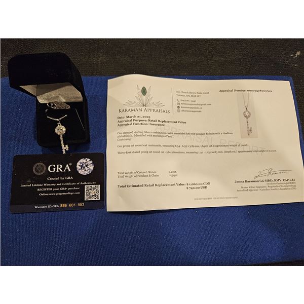 1.00ct GRA Certified moissanite key shape cubic zirconia necklace -retail $1060