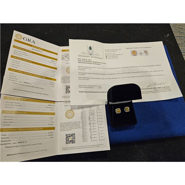 2.00ct GRA Certified moissanite yellow cubic earrings Retail $1,250