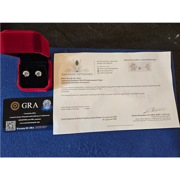 4.00ct GRA Certified Moissanite filagree basket head, screw back earrings Retail $2,250.00