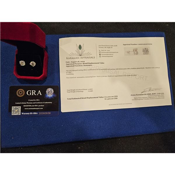 4.00ct GRA Certified  moissanite 4 claw filagree basket headearrings set - retail $2,020