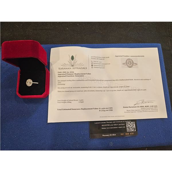 1.00ct GRA Certified moissanite oval shaped halo ring Size 7.5 Retail $1,450.00