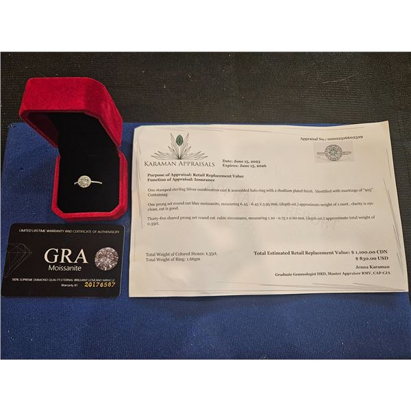 1.00ct GRA Certified moissanite round shaped halo ring Adjustable size Retail $1,100