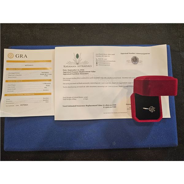 3.00ct GRA Certified moissanite black color stone ring Size 7 Retail $1,800