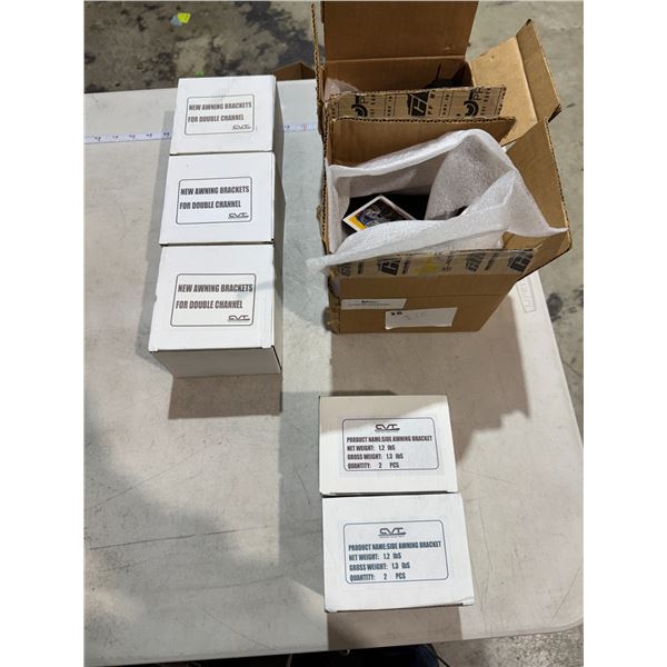 Awning, brackets, and awning mounting brackets