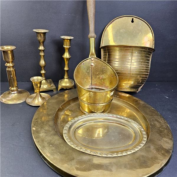 Collection of brass candle holders, plates & decor