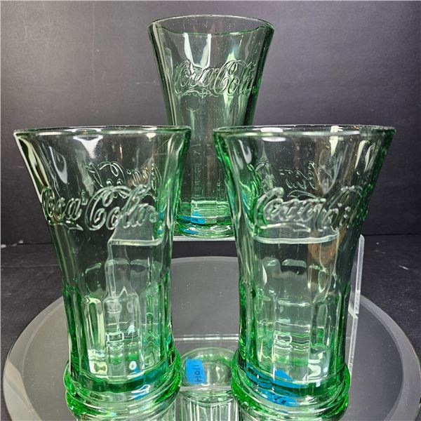 3 Coca Cola Libbey Green Glass Mugs Large 6 inch