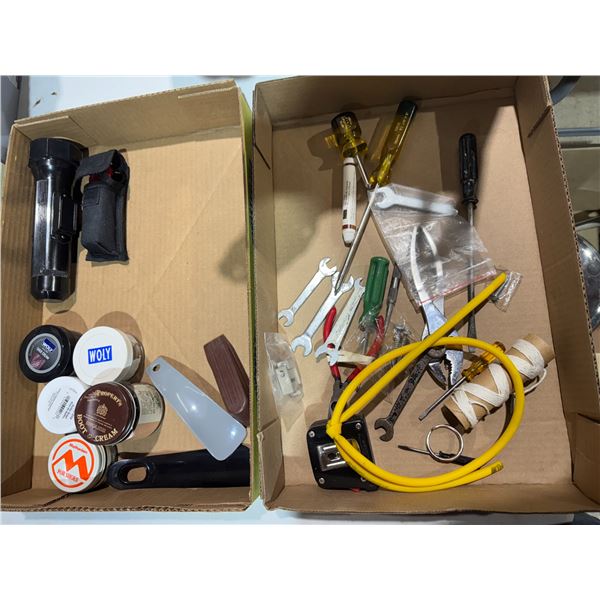 Assorted tools, flashlights, shoe care