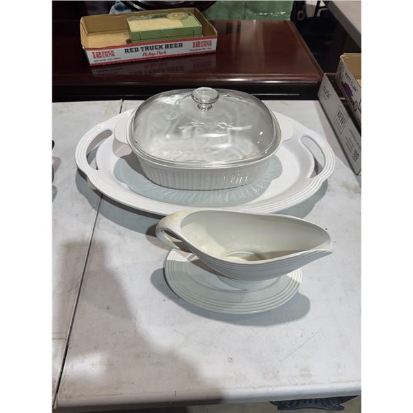Serving platter, baking dish, and gravy Boat