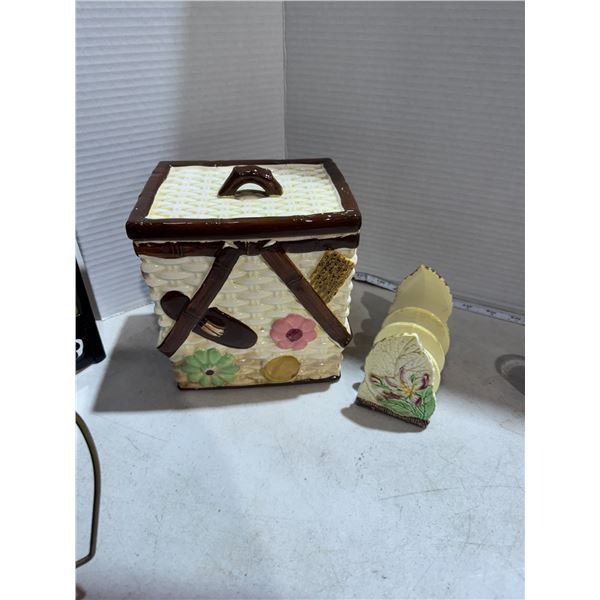 Vintage pottery, napkin, holder, and biscuit jar