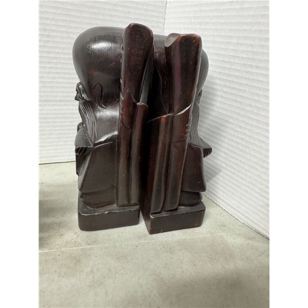 Chinese wood carved old Wiseman bookends
