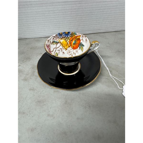 1940s Aynsley Black with flowers cup, and saucer
