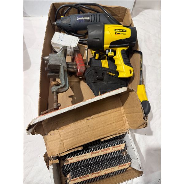 Assorted tools, Stanley, fat mix, flashlight, goonies, tool bag, Wise, Dremel, and nails