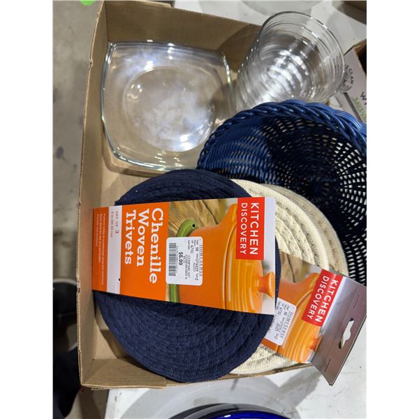 Trivets, glass bowls, basket, and plates