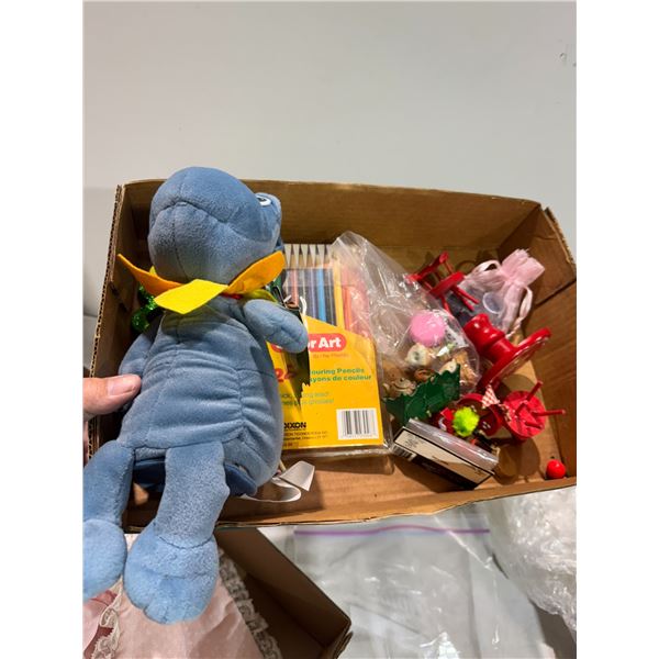 Miniature furniture, coloring, pencils, and stuffy giggle bug