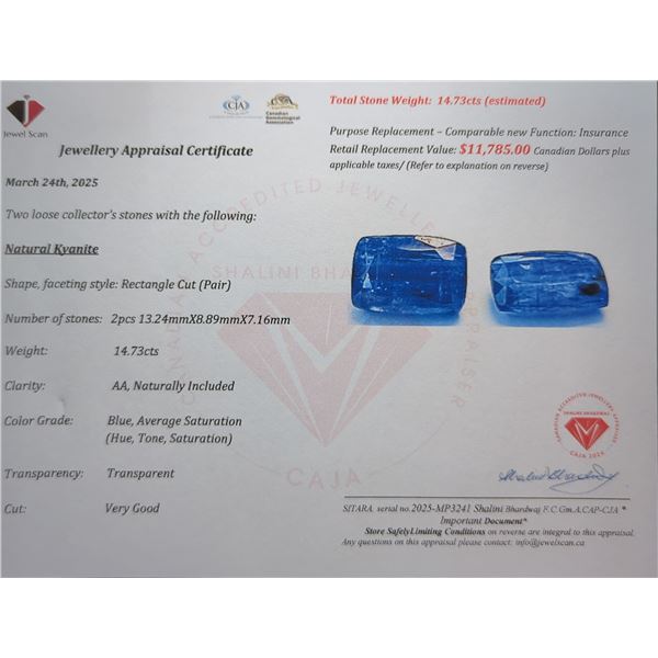 14.73 ct Certified Kyanite gemstone PAIR ($11,785 Appraisal)