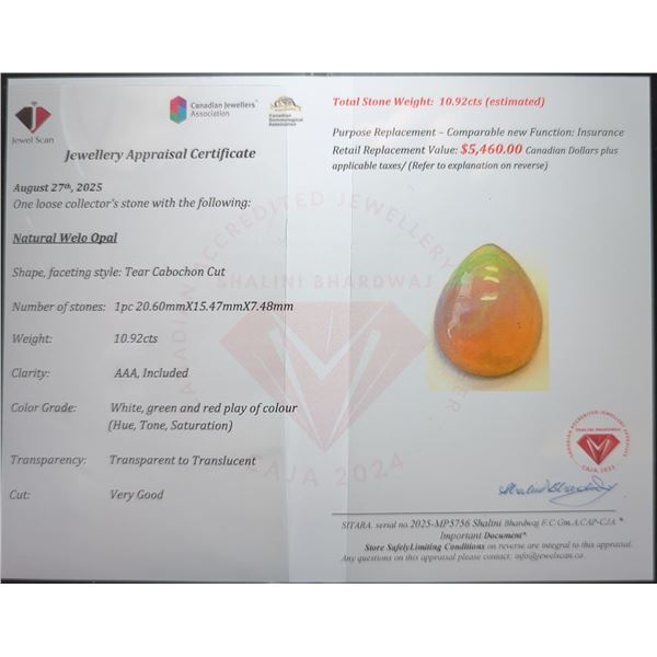 10.92 ct Certified Opal gemstone ($5,460 Appraisal)