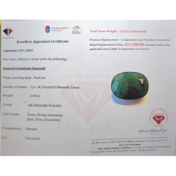 5.95 ct Certified Colombia Emerald gemstone ($11,900 Appraisal)