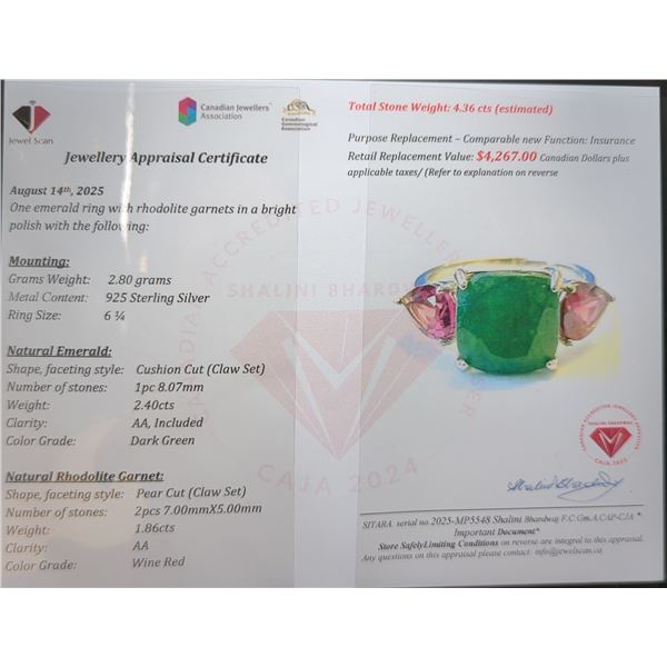 2.8 ct Certified Silver Emerald gemstone RIng ($4,267 Appraisal)