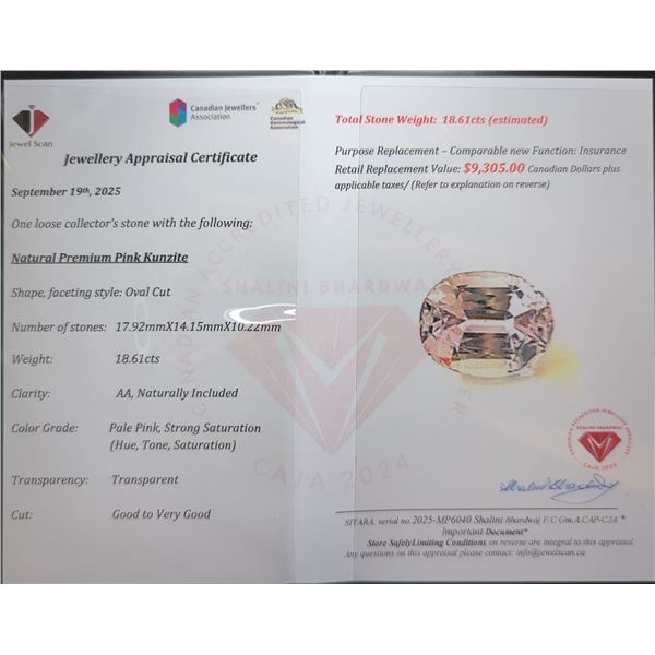 18.61 ct Certified Pink Kunzite gemstone ($9,305 Appraisal)