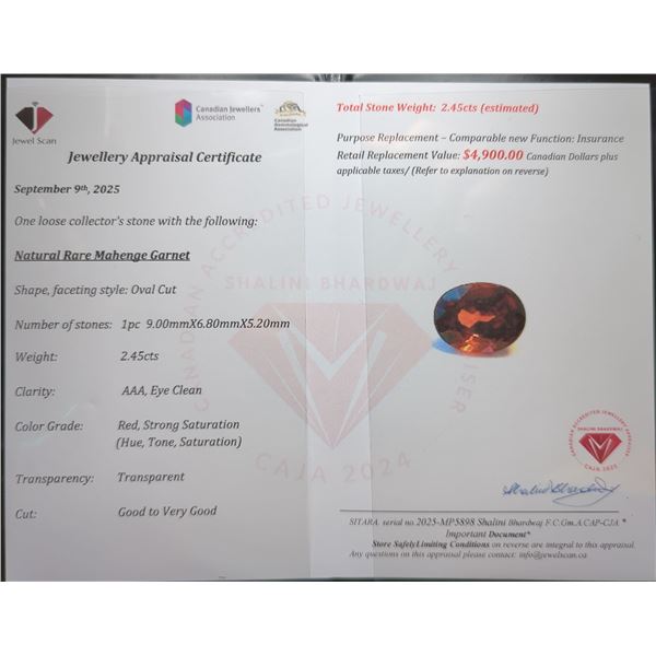 2.45 ct Certified Mahenge Garnet gemstone ($4,900 Appraisal)