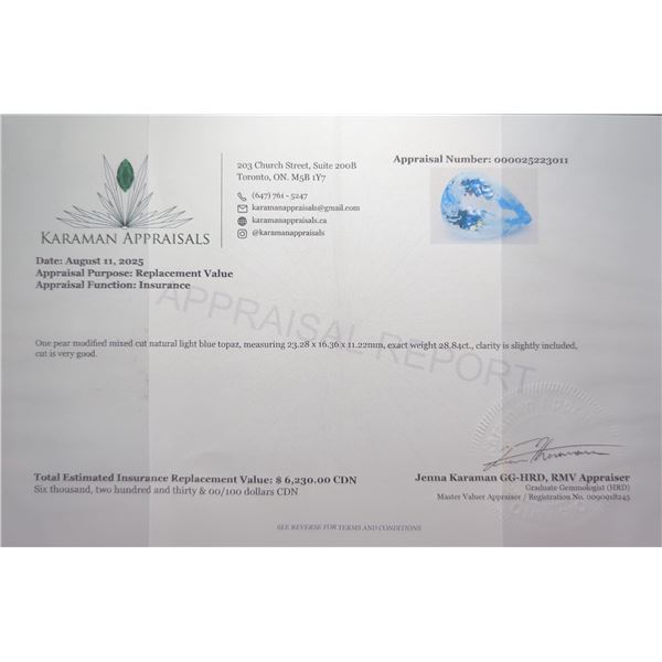 28.84 ct Certified Royal Blue Topaz gemstone ($6,230 Appraisal)