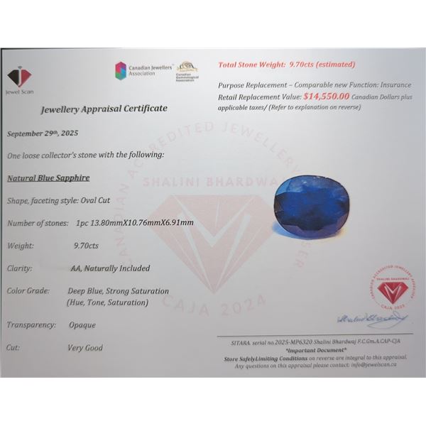 9.7 ct Certified Midnight Sapphire gemstone ($14,550 Appraisal)