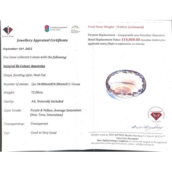 72 ct Certified Bi-Colour Ametrine gemstone ($10,800 Appraisal)