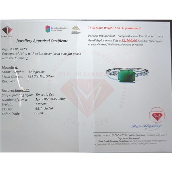 1.4 ct Certified Silver Emerald gemstone RIng ($2,100 Appraisal)