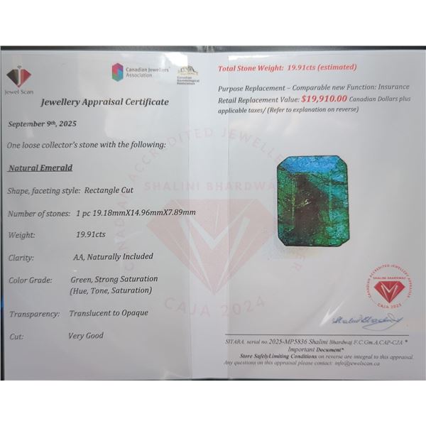 19.91 ct Certified Emerald gemstone ($19,610 Appraisal)