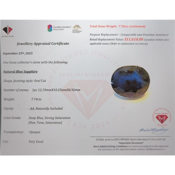 7.74 ct Certified Midnight Sapphire gemstone ($11,610 Appraisal)