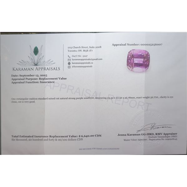 56.77 ct Certified Amethyst gemstone ($6,640 Appraisal)