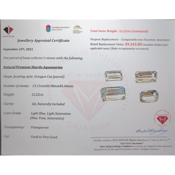 12.22 ct Certified Skardu Aquamarine gemstone Parcel ($9,165 Appraisal)