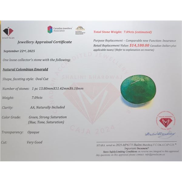 7.09 ct Certified Colombia Emerald gemstone ($14,180 Appraisal)