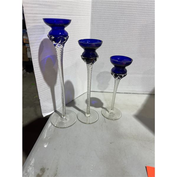 Vintage cobalt blue Romanian candlesticks one has chip see picture