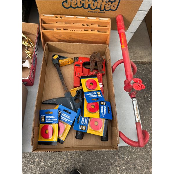 Steering wheel lock and assorted tools, etc.