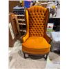 Image 1 : vintage tufted wingback chair with orange velvet upholstery and a dark wood frame.