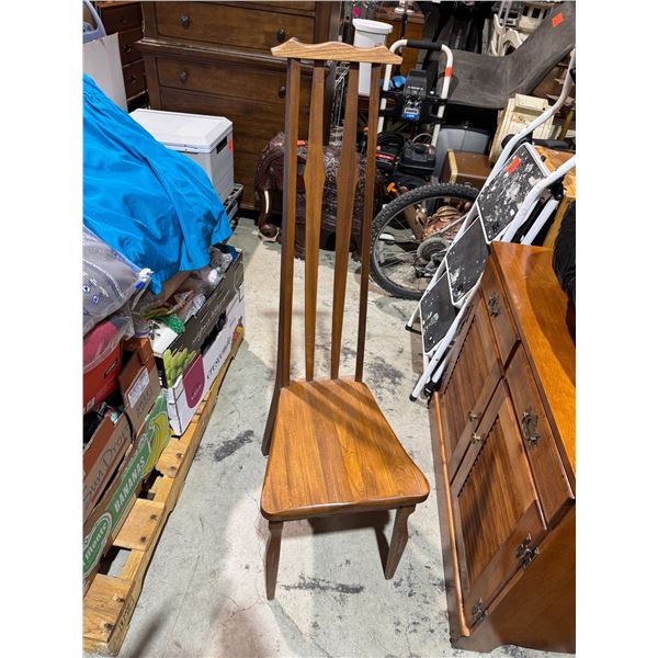 mid-century modern-style dining chair with a tall, slatted back and a solid wood seat. 49"x22"