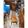 Image 1 : mid-century modern-style dining chair with a tall, slatted back and a solid wood seat. 49"x22"