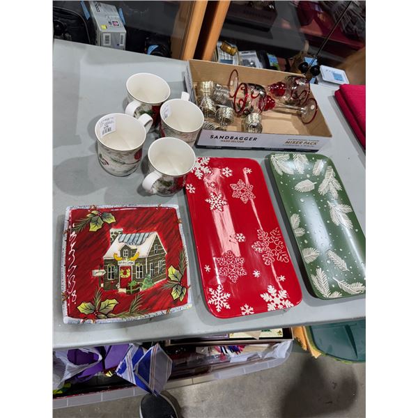 Serving platters, mugs, napkin, rings, and glasses