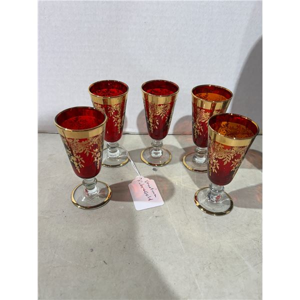 Venetian Ruby, and gold liquor glasses