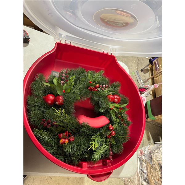 Wreath  and wreath container holds 24 inch wreath