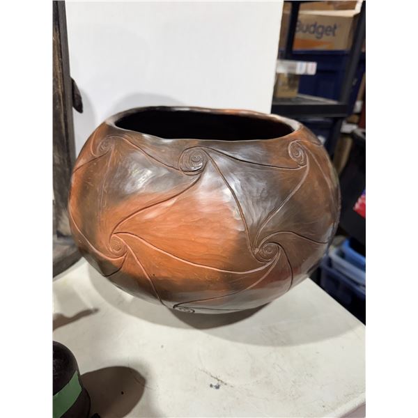 Large signed studio pottery vase 13 inch diameter 10 inches high