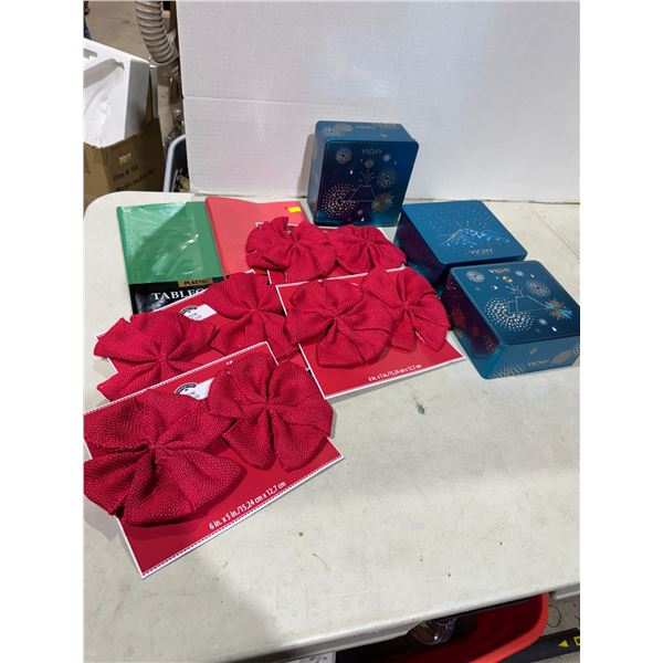 Christmas bows and containers and tablecloths