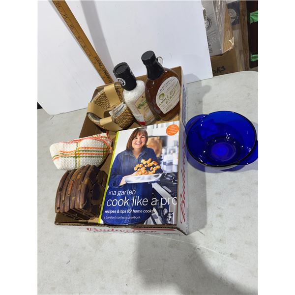 Kitchen items, apple butter, syrup, Sicily salt with garlic, cookbook, coasters bowls