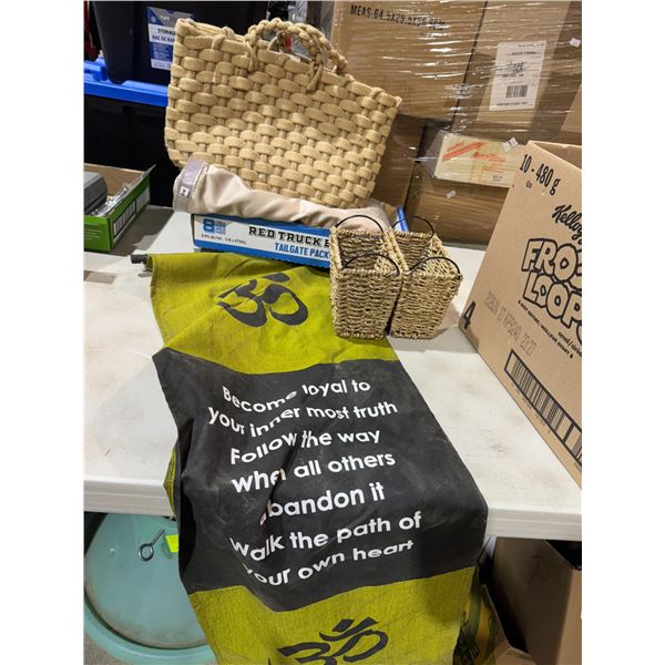 Baskets, curtain bag, and decor