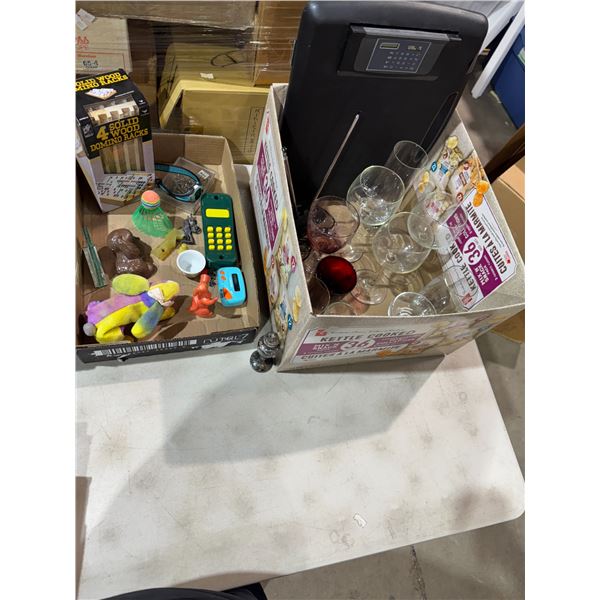 Miscellaneous items, glasses, calculator, game, racks, etc.